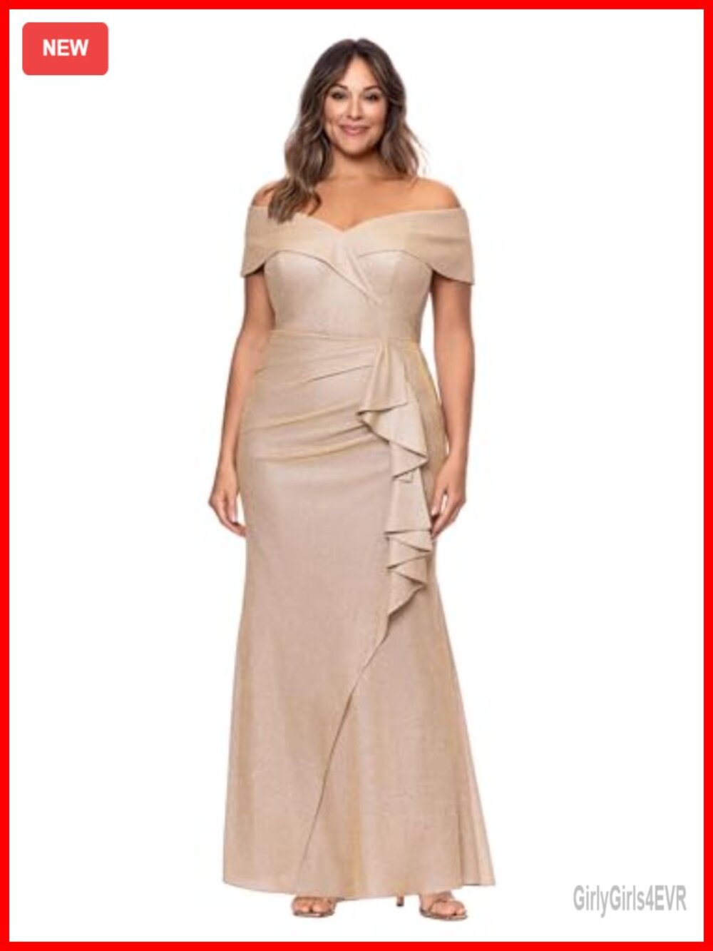 Off Shoulder Foil Knit Floor Length Dress Ruching Ruffle Detail